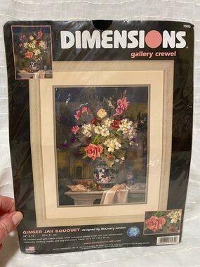 Dimensions Ginger Jar Bouquet Crewel Kit - Multicolor Floral Picture Frame Art